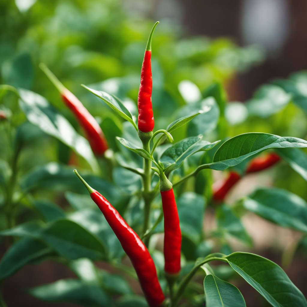 A vibrant red cayenne pepper plant stands tall, with its slender green leaves and numerous fiery red peppers ready for harvest