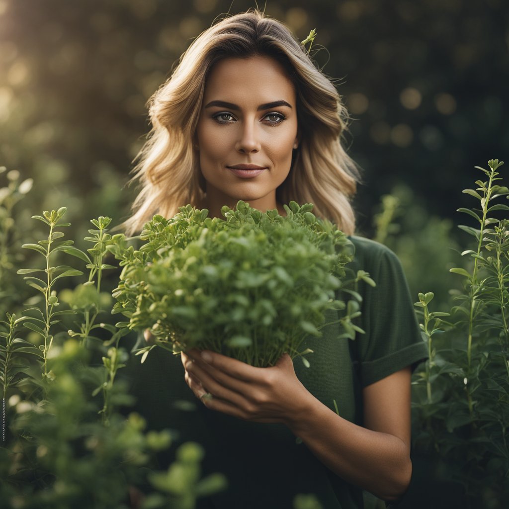 A woman surrounded by fenugreek plants, holding a handful of seeds. She looks healthy and vibrant