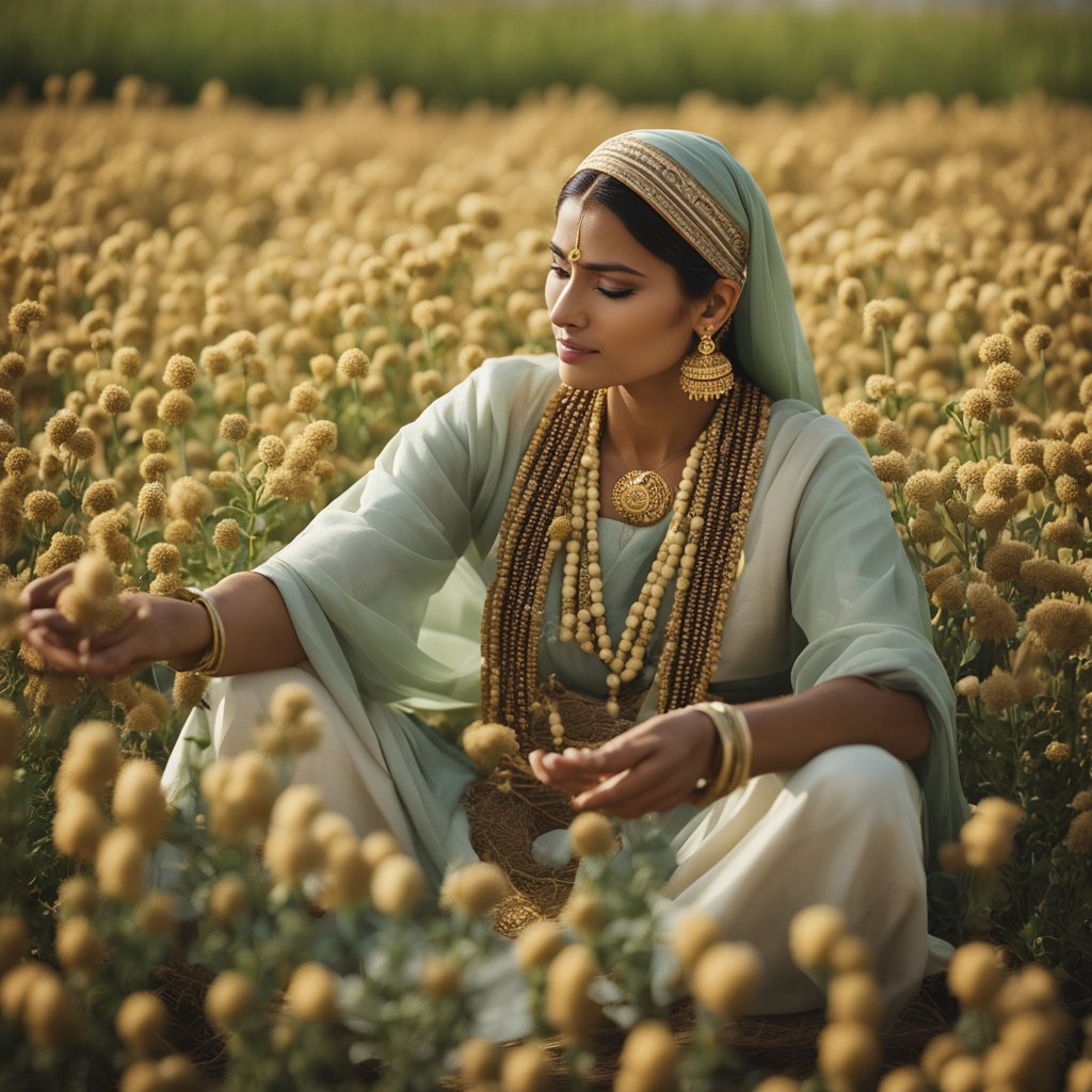 A woman in traditional clothing gathers fenugreek seeds in a field, surrounded by symbols of fertility and femininity