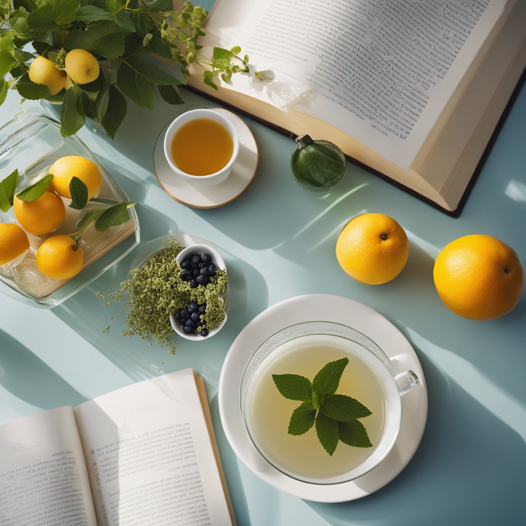A table with herbal teas, water, and fresh fruits. An open book with information about bloating relief. A calm and peaceful setting