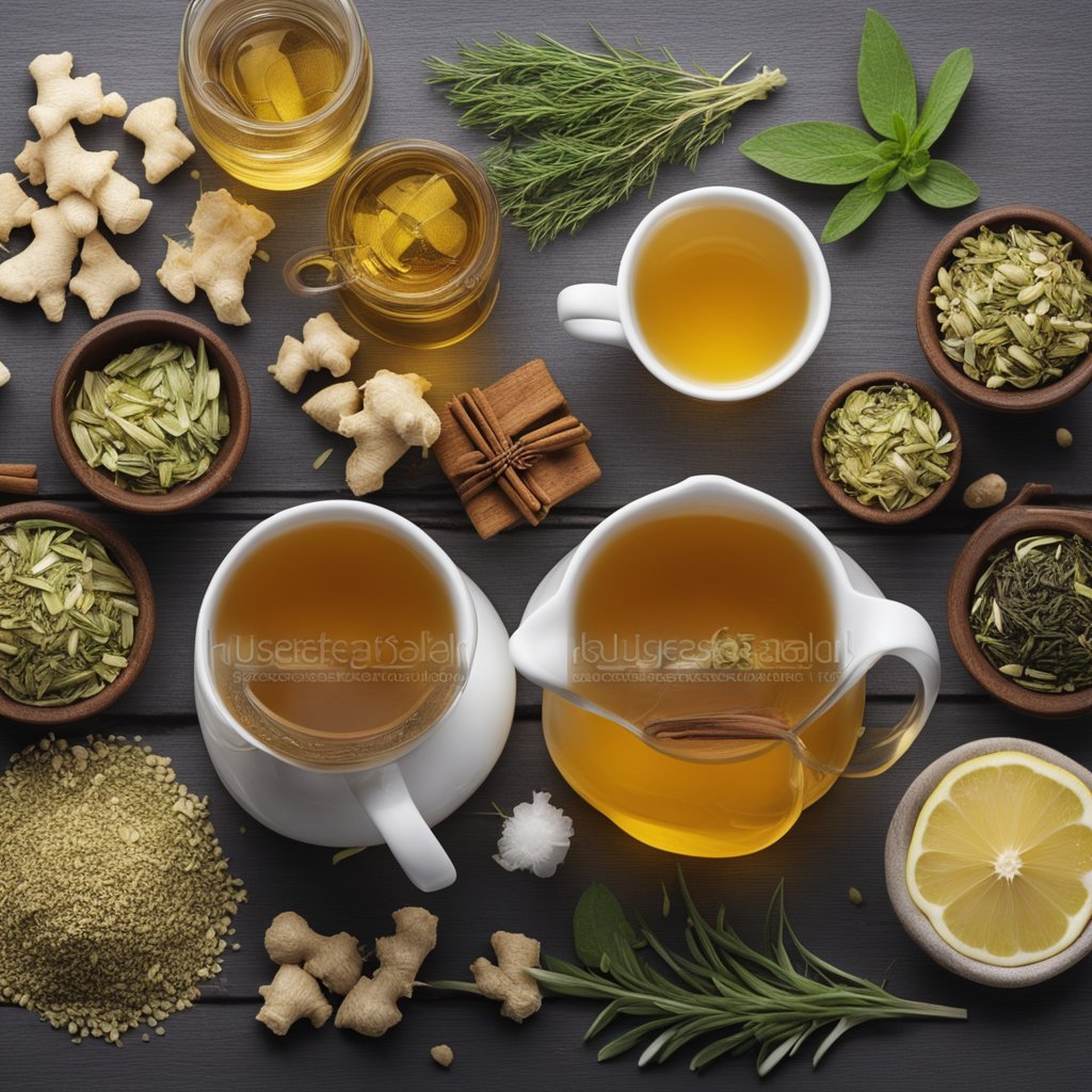A selection of herbal teas and natural remedies arranged on a table, with ingredients like ginger, peppermint, and fennel