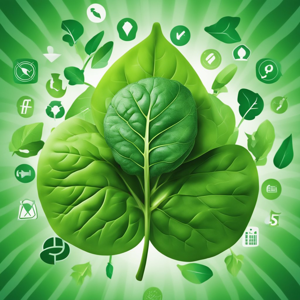 A vibrant green spinach leaf surrounded by healthy symbols, and a caution sign nearby, representing the benefits and potential side effects of consuming spinach