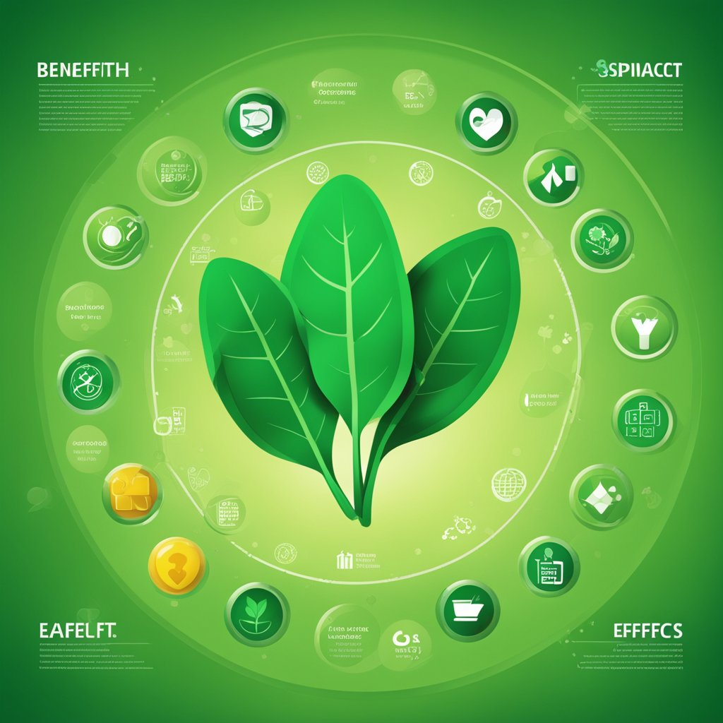 A vibrant green spinach leaf surrounded by icons of vitamins and health indicators, with a list of benefits and potential side effects