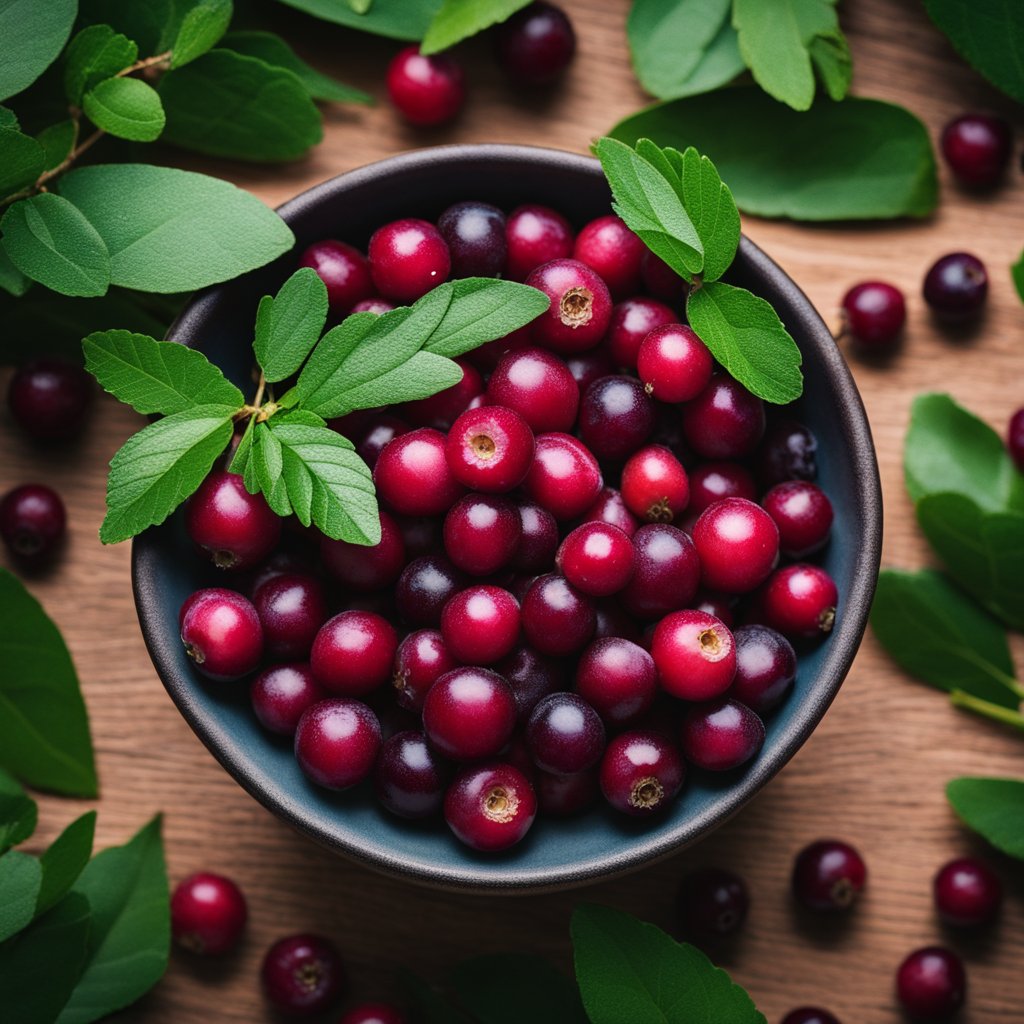 A bowl of fresh cranberries surrounded by vibrant green leaves and a few scattered berries, evoking the health benefits of this antioxidant-rich fruit