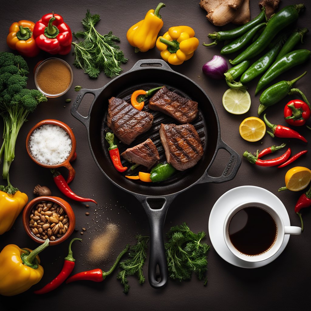A sizzling skillet holds seared steak, spicy peppers, and charred vegetables, emitting steam and aromas. A cup of hot coffee sits nearby