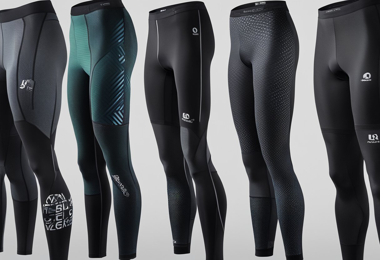 A comparison of base layer and compression leggings with price tags and brand logos displayed side by side