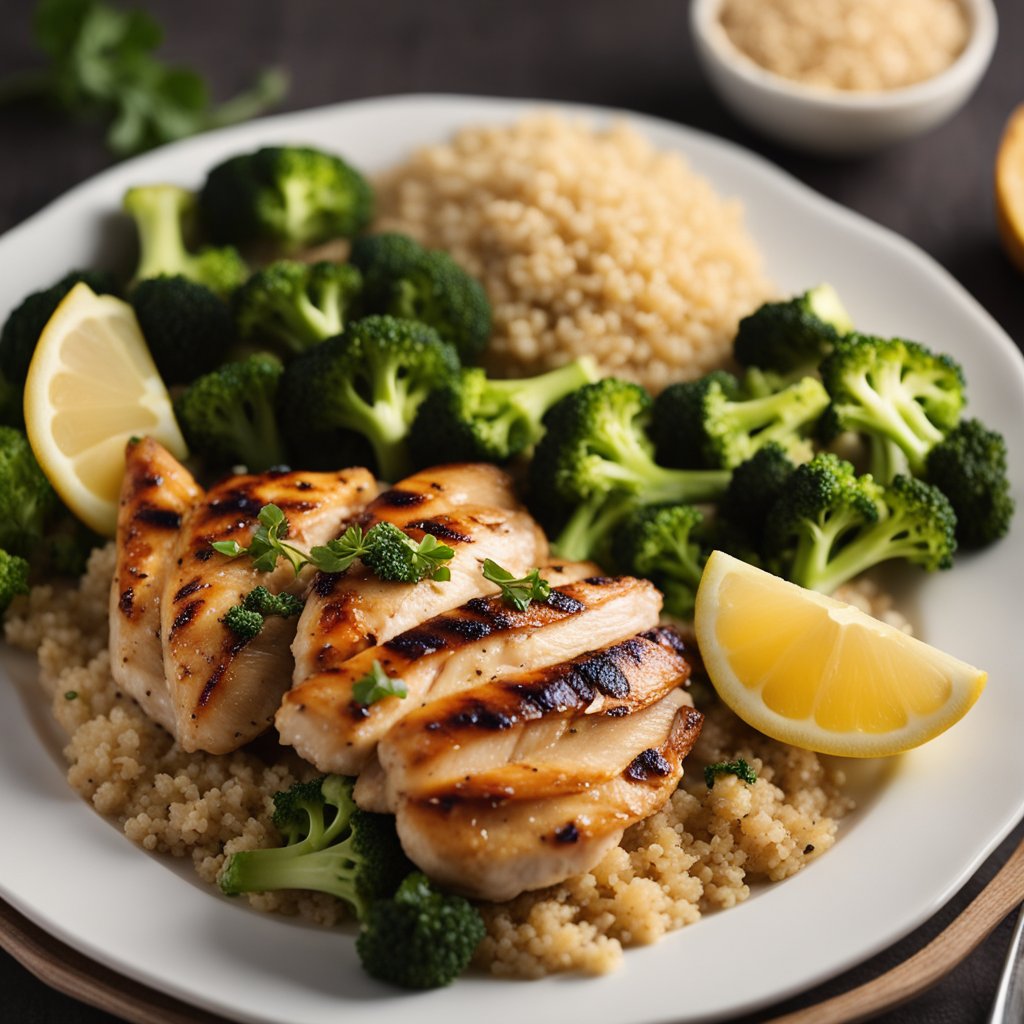 A steaming plate of grilled chicken, broccoli, and quinoa sits on a table. Steam rises from the food, indicating its high thermic effect