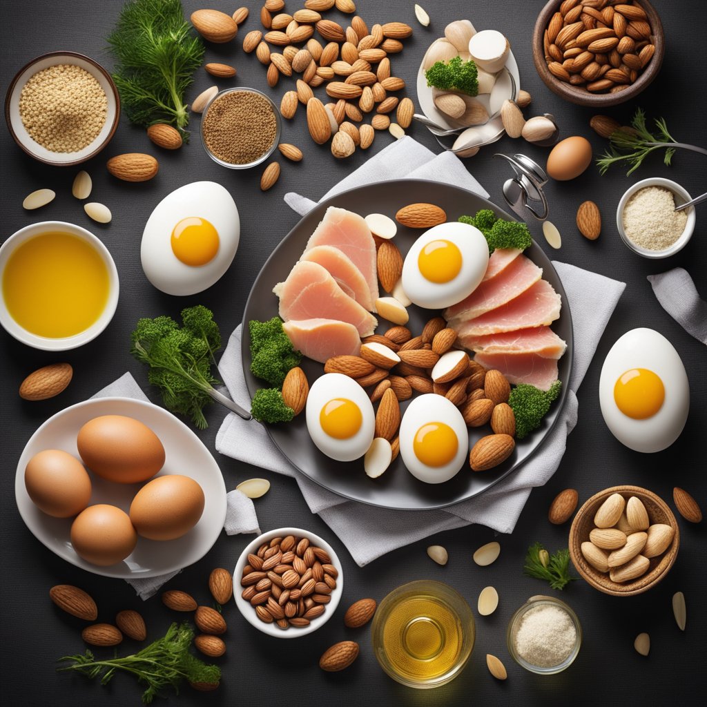 A table with foods like eggs, tuna, and almonds. A testosterone molecule hovering above, with arrows pointing to the foods