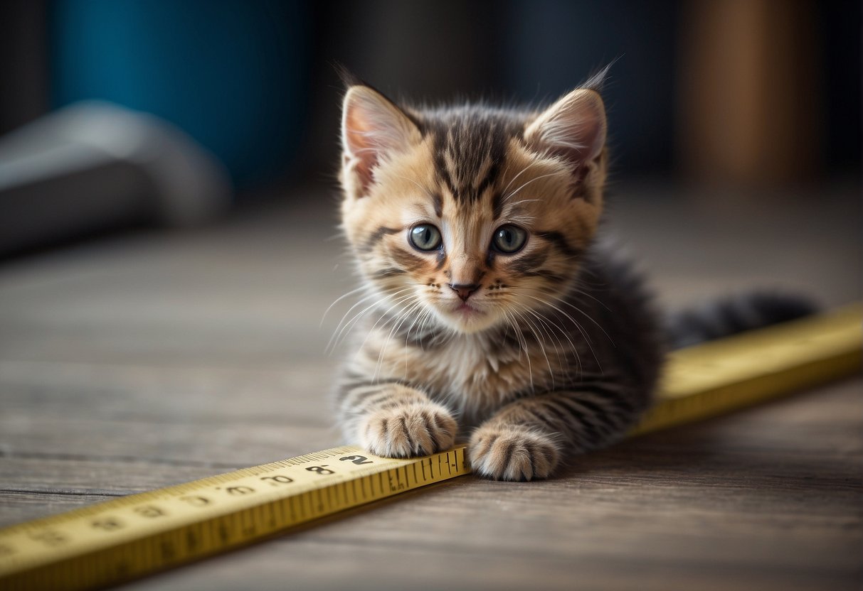 A small kitten sits next to a ruler, looking up at it with curiosity. The ruler shows measurements from small to large, indicating growth
