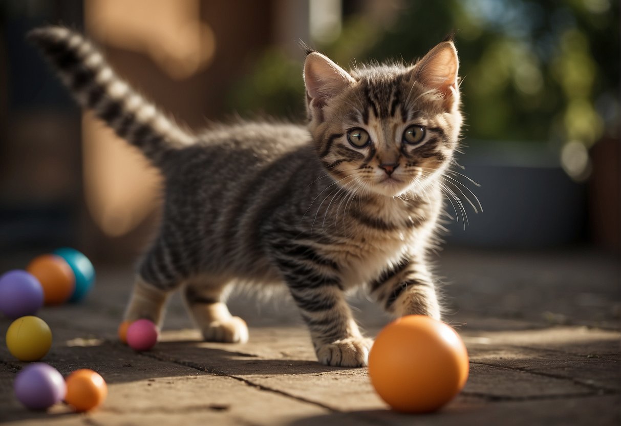 A playful kitten pouncing on toys, while a mature cat lounges nearby, showcasing the different stages of growth in felines
