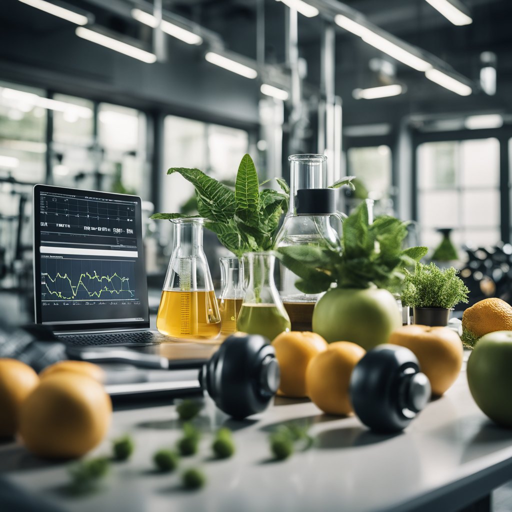 A laboratory setting with various natural elements such as plants, fruits, and exercise equipment to depict ways to naturally raise testosterone levels