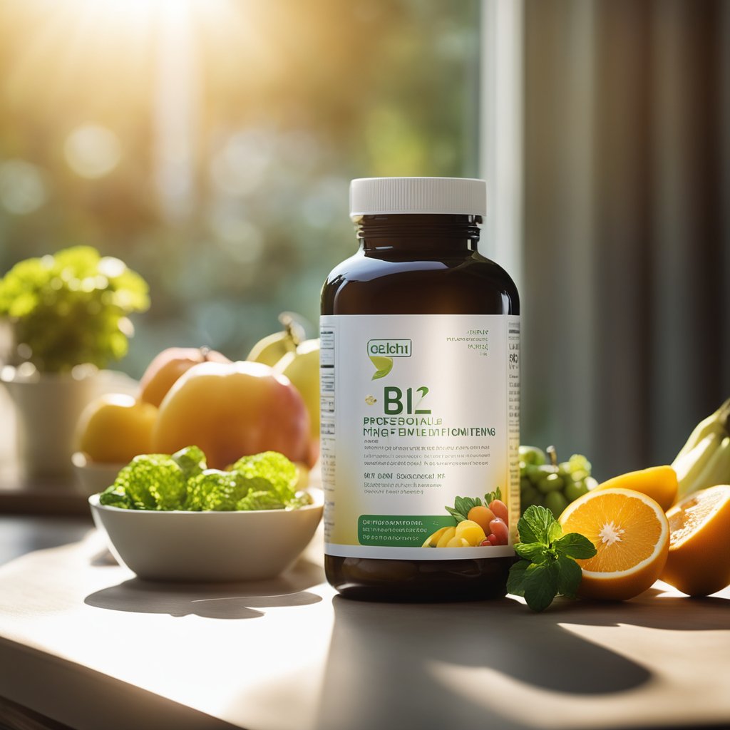 A bright morning with a bottle of B12 supplements on a clean, uncluttered table, surrounded by fresh fruits and vegetables. Sunlight streams in through a nearby window