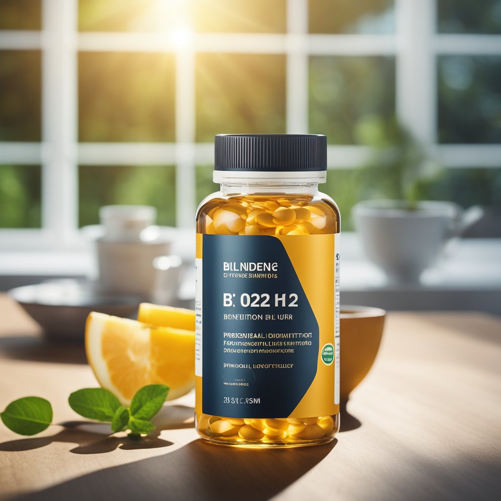A bottle of B12 supplements on a table, next to a clock showing morning. Sunlight streams through a window, illuminating the scene