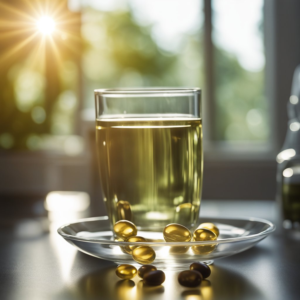 Vitamins lay next to an empty plate and glass of water. Sunlight streams through a window, casting a soft glow on the scene