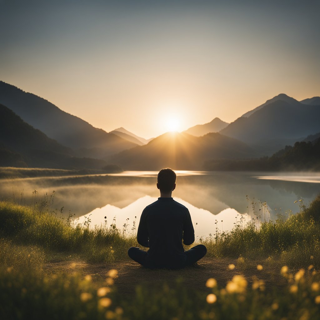 A sunrise over a serene landscape, with a figure in silhouette practicing mindfulness and reflection, surrounded by symbols of health and nutrition