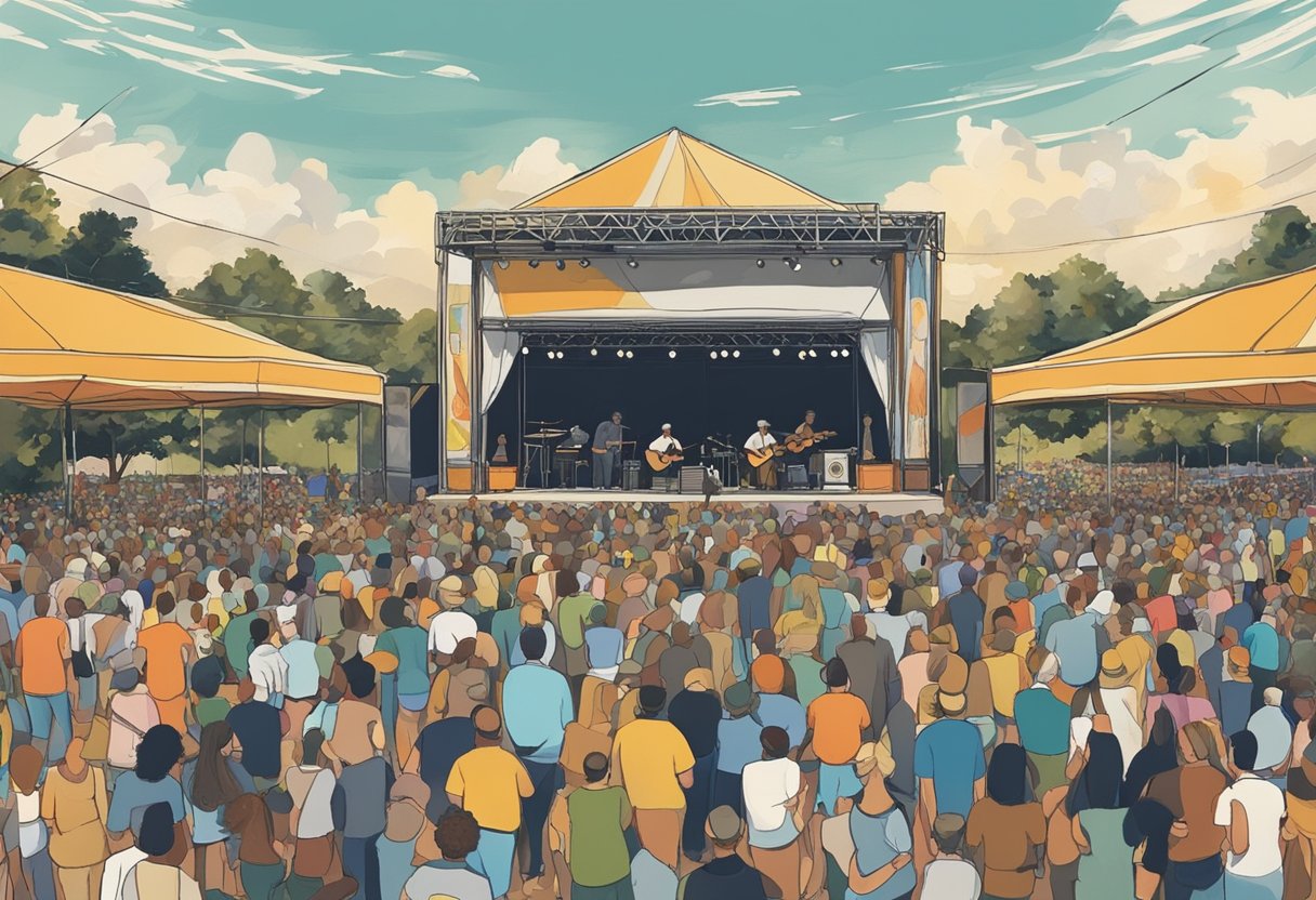Crowds gather under the summer sun, listening to country music at a festival in Virginia Beach. The stage is alive with performers, and the air is filled with the sounds of guitars and fiddles