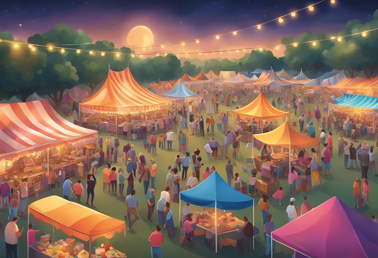 Crowds gather under the warm sun, surrounded by the sound of country music. Tents and food stalls line the festival grounds, while colorful lights illuminate the night sky