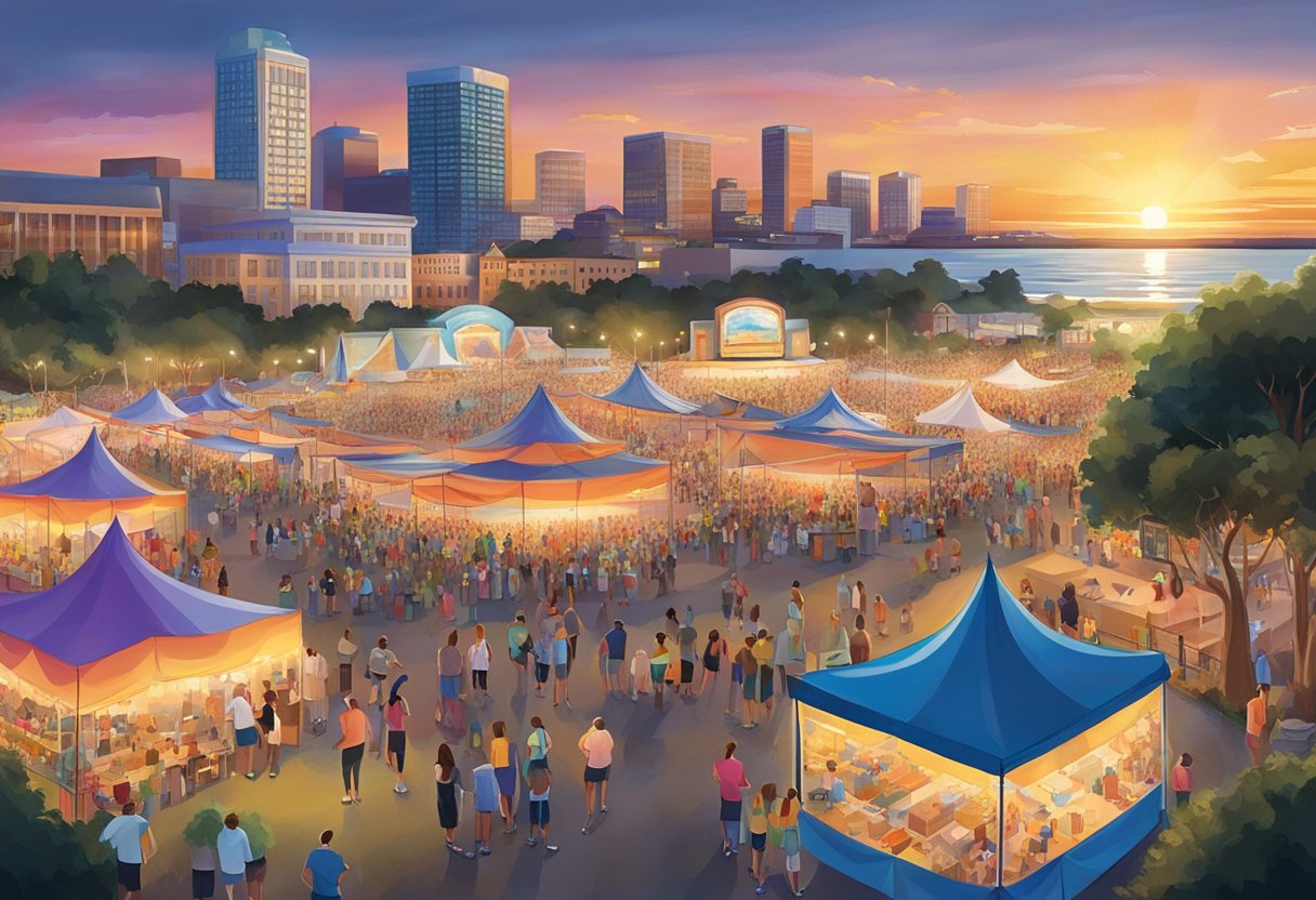 Crowds gather around the outdoor stage, as the sun sets over the Virginia Beach skyline. Colorful tents and food trucks line the perimeter, while music fills the air