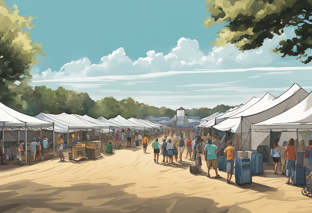 The sun shines over a country music festival in Virginia Beach, with tents and stages set up. Contingency plans are in place for potential weather changes