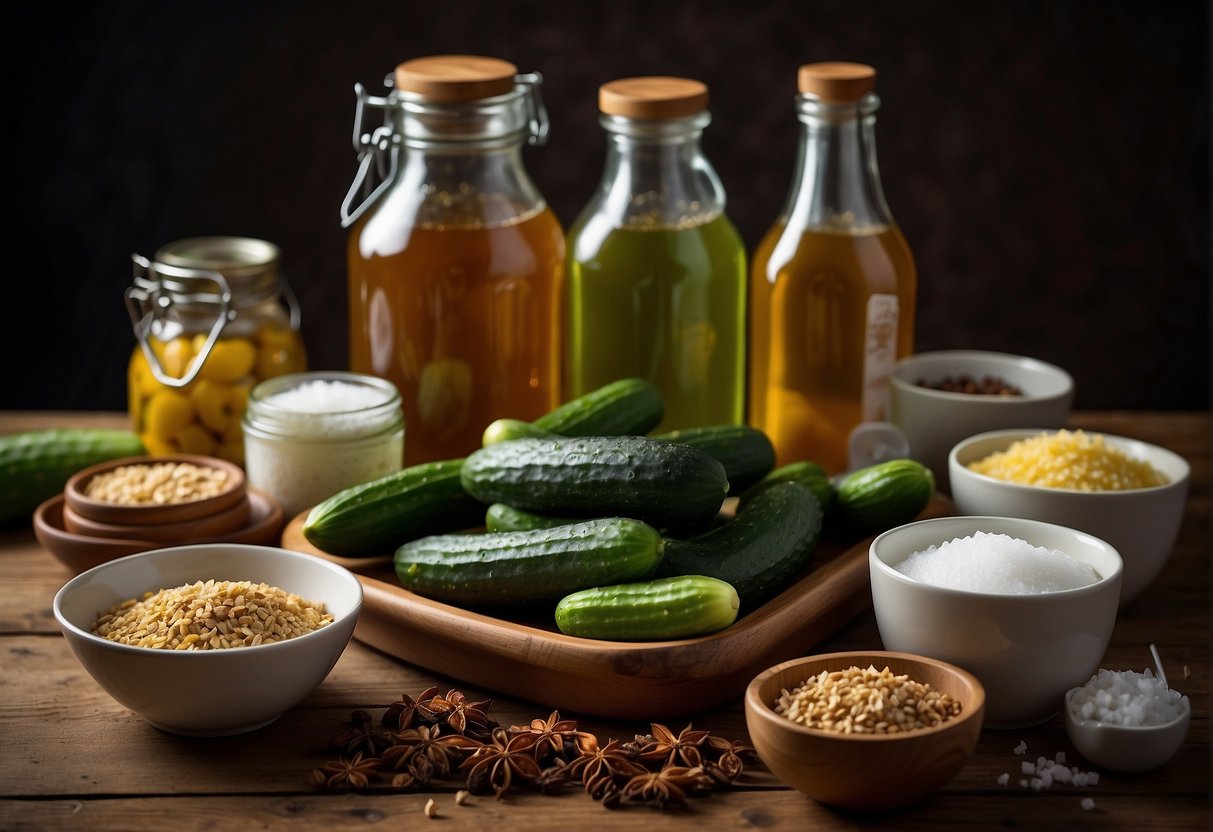 A wooden table holds fresh cucumbers, sugar, vinegar, and spices. A large mixing bowl and jars are ready for the sweet pickle recipe
