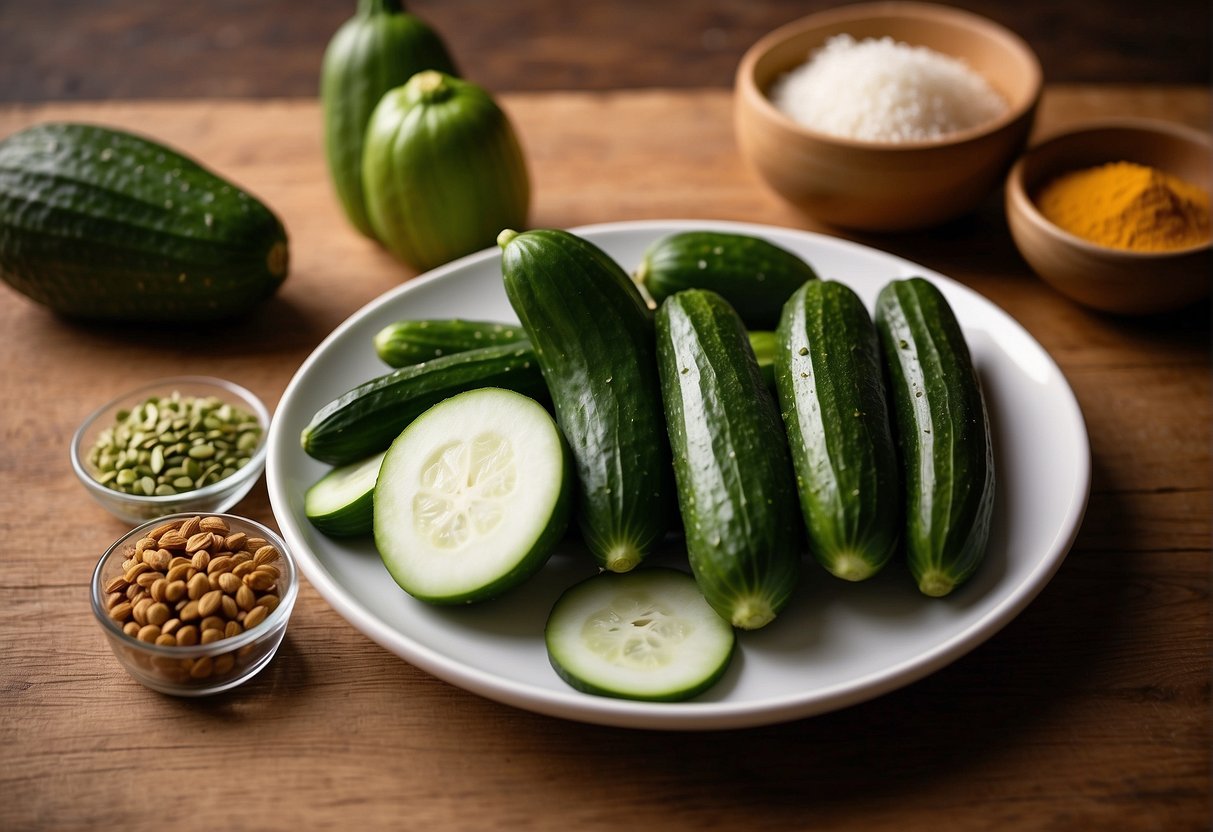 A wooden table displays a variety of fresh ingredients: cucumbers, onions, sugar, vinegar, and spices for an Amish sweet pickle recipe