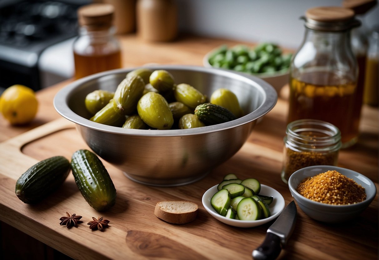 A mixing bowl with sugar, vinegar, and spices. Jars of pickles, a cutting board, and a knife. A stovetop with a pot simmering the pickle mixture