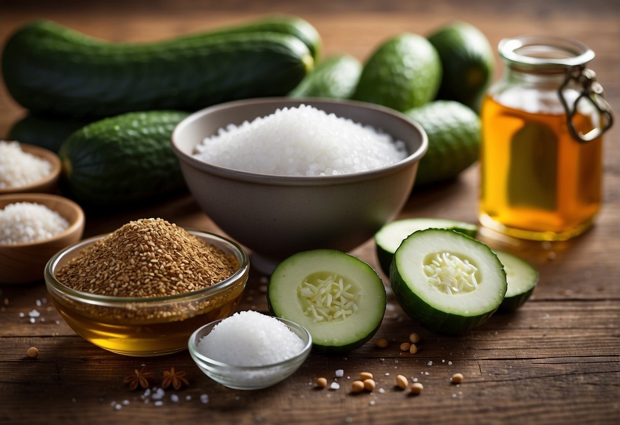 Ingredients arranged on a wooden table: cucumbers, sugar, vinegar, salt, and spices. A mixing bowl and measuring cups are also present