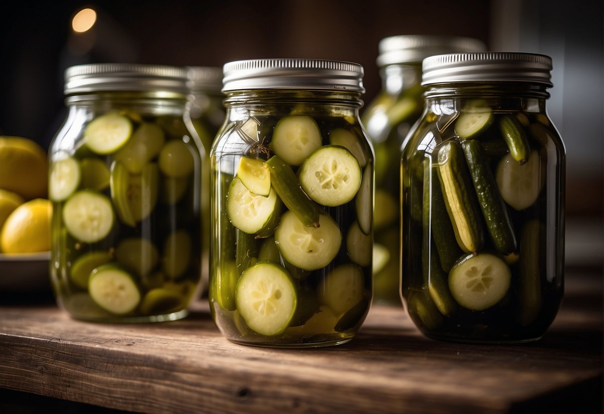 Amish sweet pickles being canned and stored in glass jars