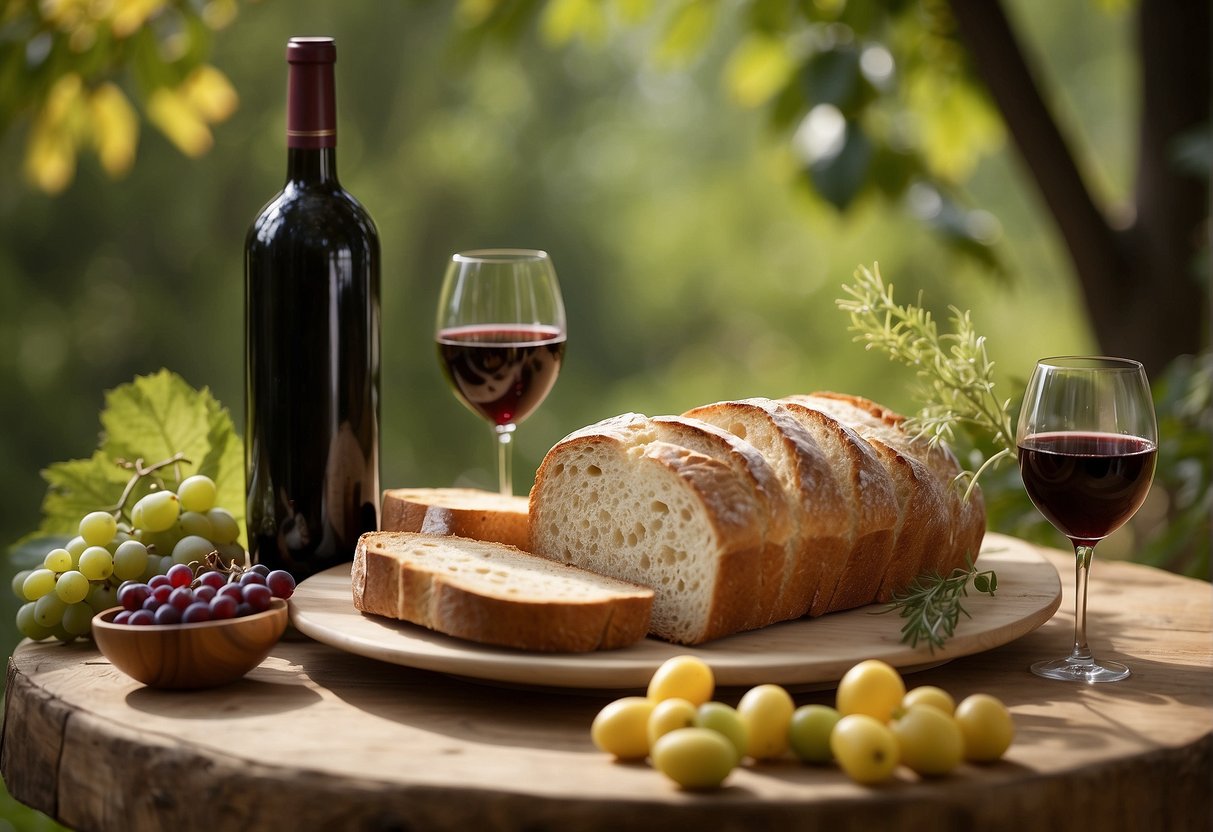 A table set with bread and wine, surrounded by nature's bounty. A figure looks up in thankfulness to the heavens above
