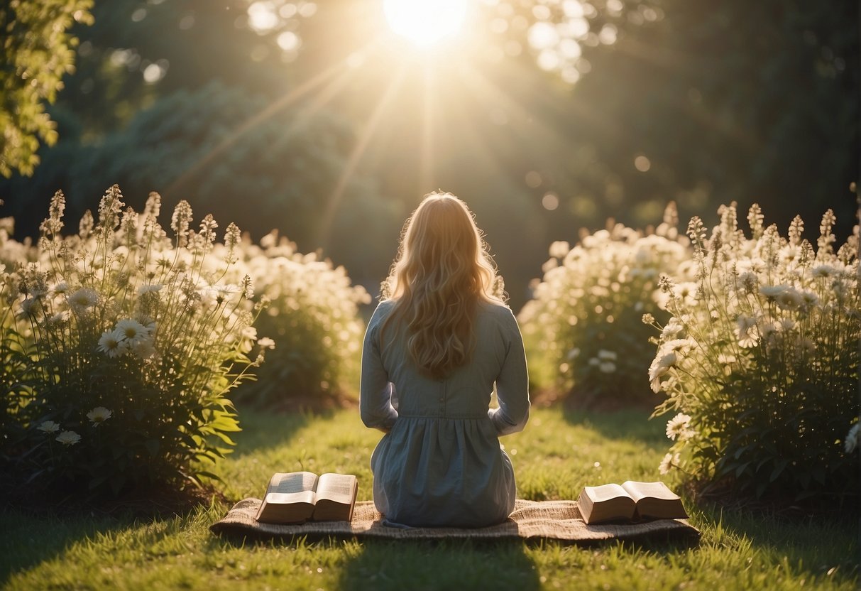 A serene garden with blooming flowers and a radiant sun, a person kneeling in prayer, surrounded by open bible verses about gratitude