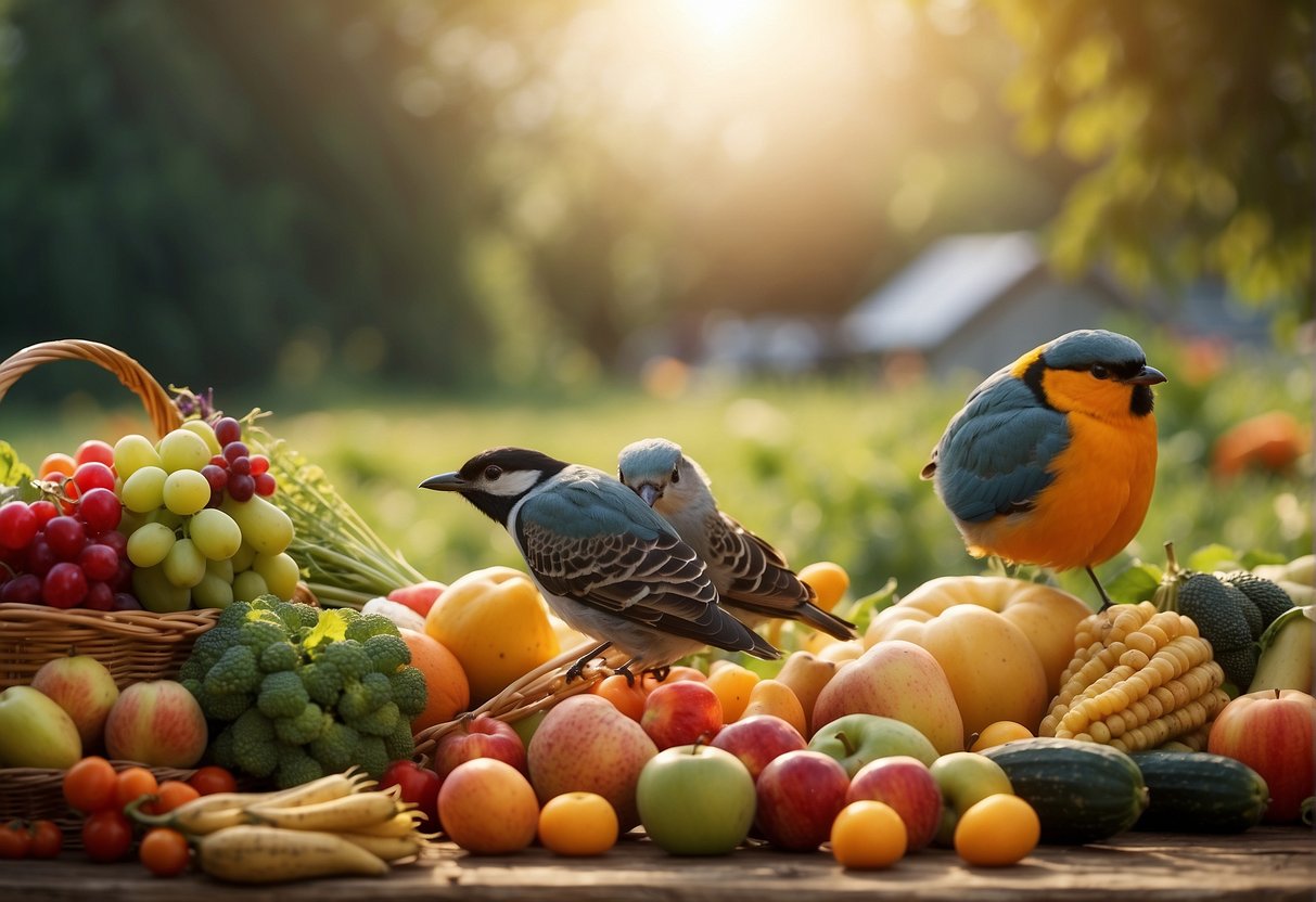 A bountiful harvest with fruits and vegetables overflowing from baskets, surrounded by joyful animals and birds singing in a vibrant, sunlit meadow
