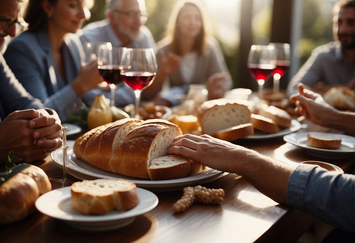 A table set with bread and wine, surrounded by people in prayer, with a sense of thankfulness and reverence in the air