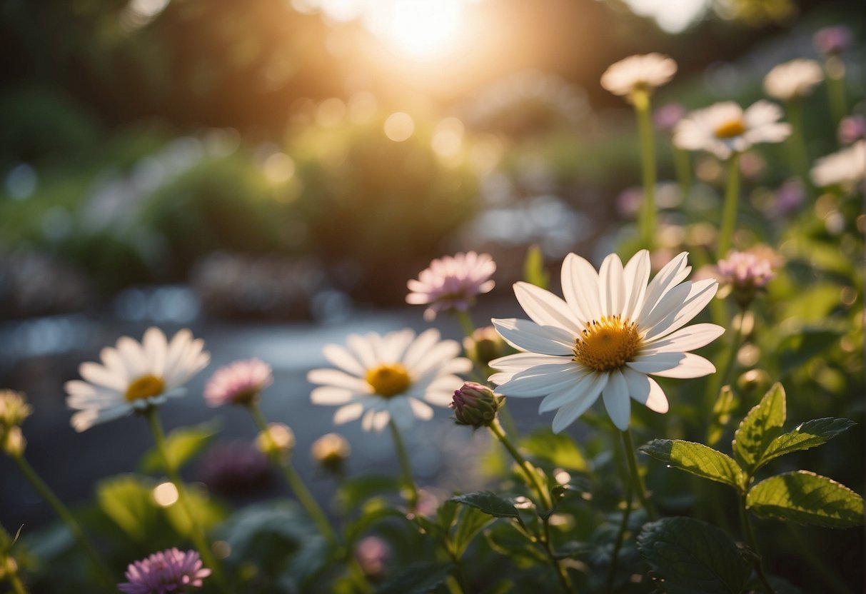 A serene garden with blooming flowers, a tranquil stream, and a peaceful sunset, symbolizing a life of gratitude
