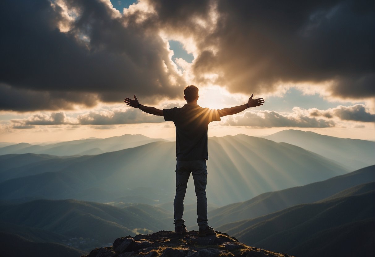 A person standing on a mountain peak, arms outstretched, surrounded by dark clouds parting to reveal a ray of sunshine