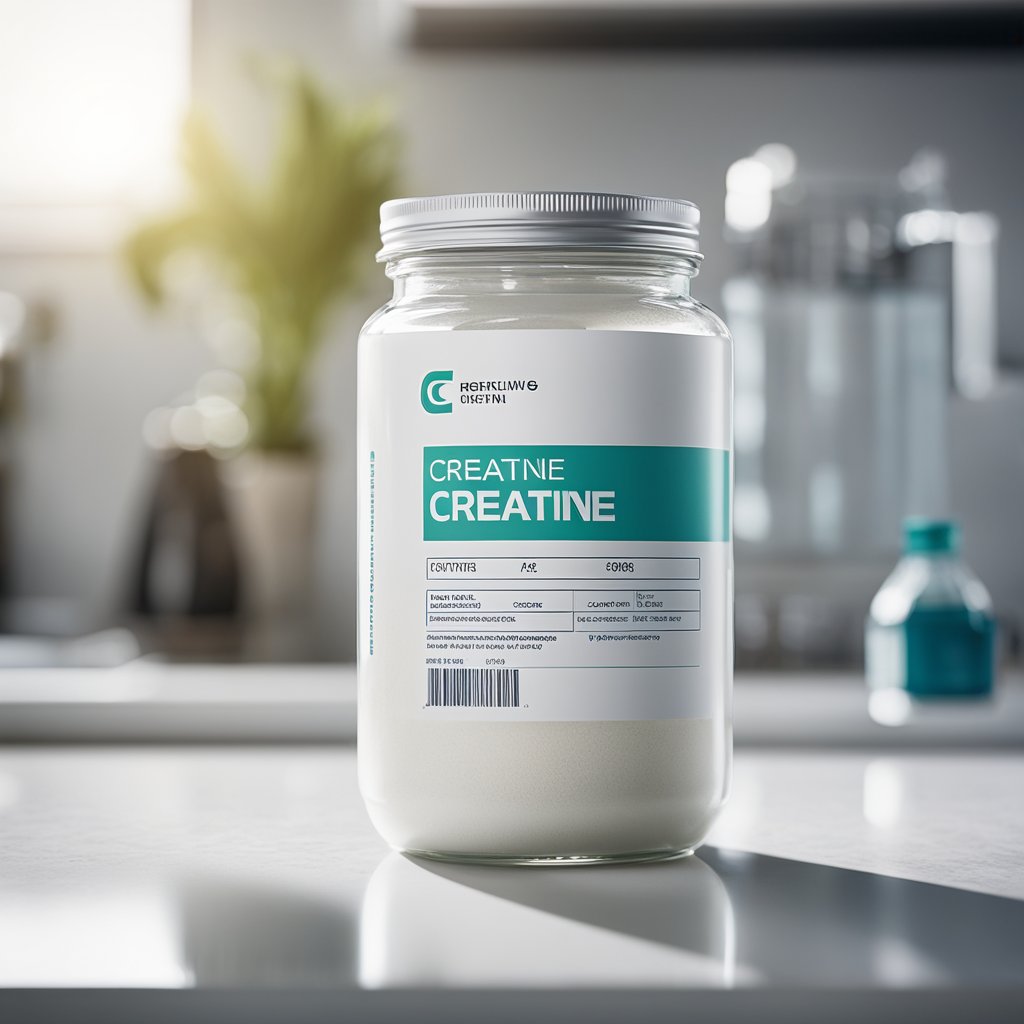 A jar of creatine powder sits on a clean, white countertop next to a glass of water. The label on the jar clearly states "Understanding Creatine and Its Role in the Body."