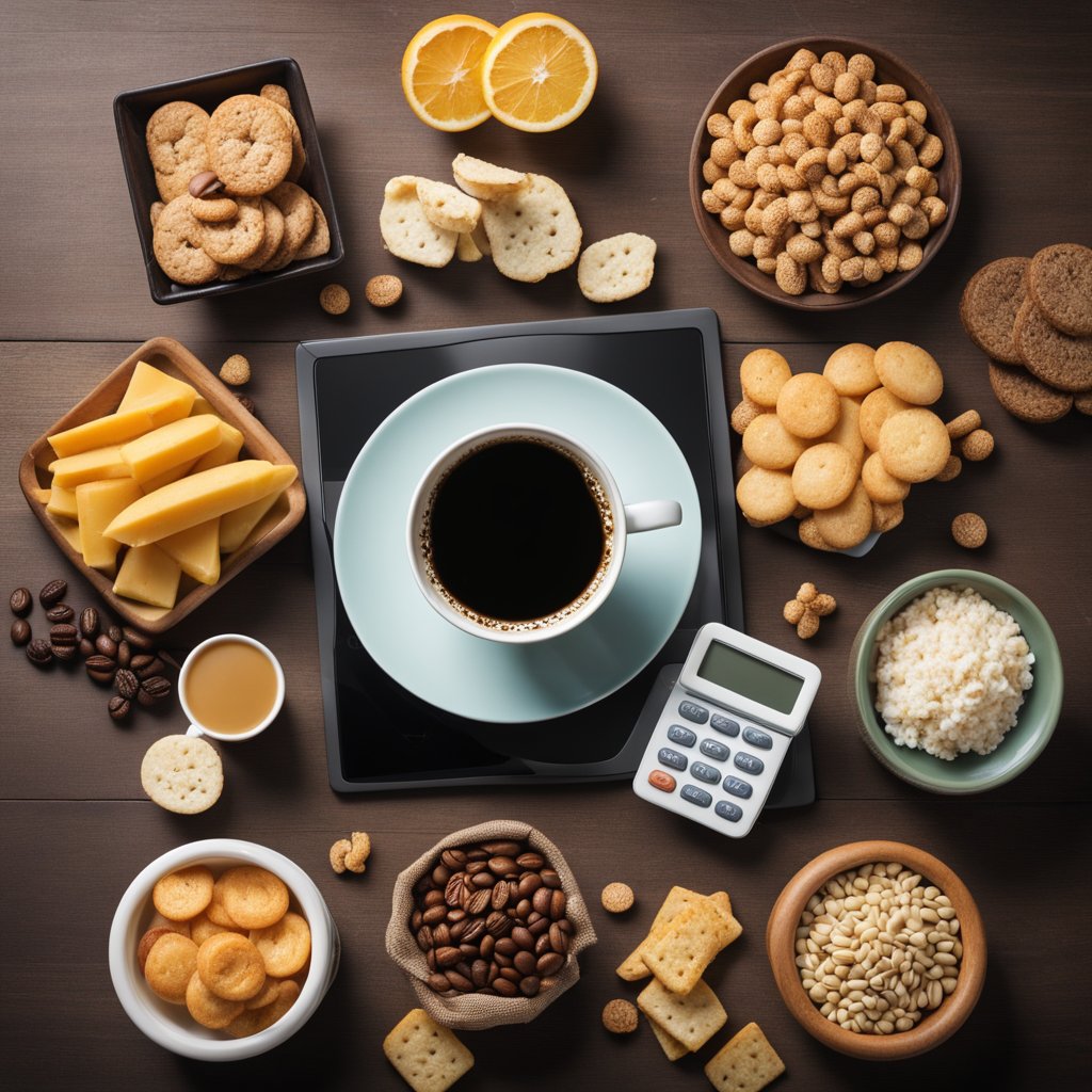 A coffee cup surrounded by high-calorie snacks and a scale showing weight gain