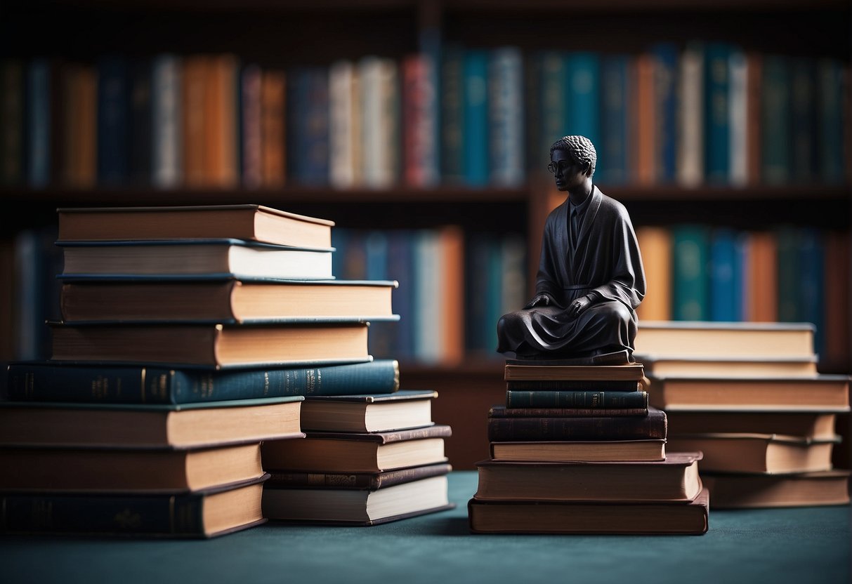 A stack of political science textbooks with a puzzled expression on a faceless figure's silhouette