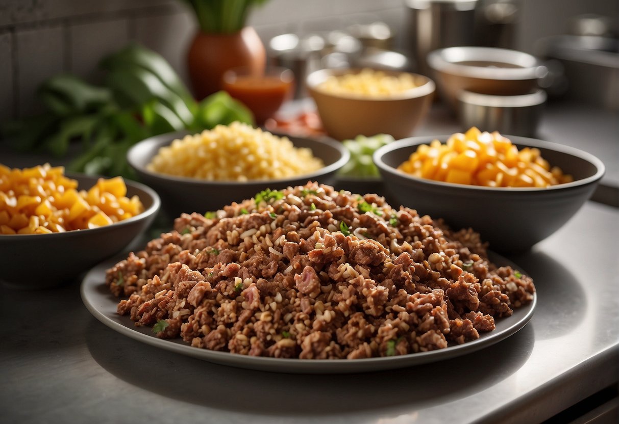 A pile of 2.5 pounds of ground beef next to 20 taco shells and various toppings on a kitchen counter