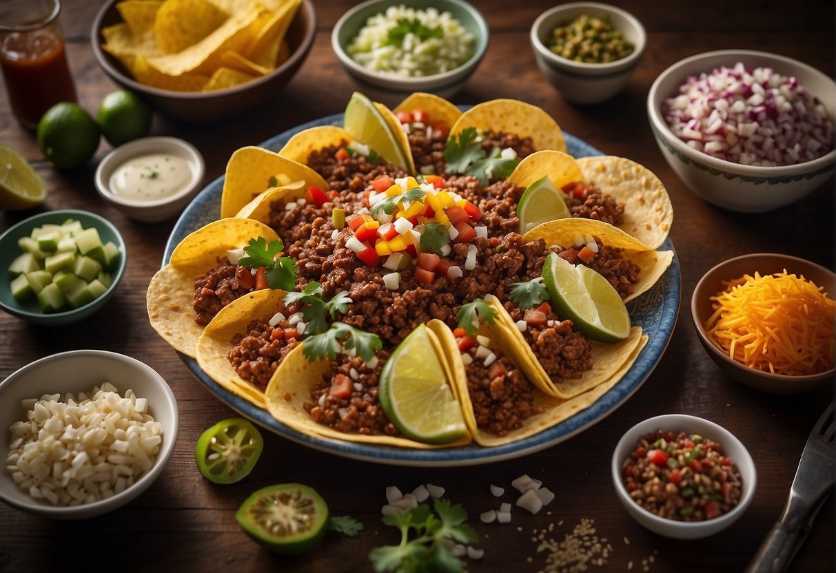 A table with 20 taco shells, a bowl of ground beef, and various toppings