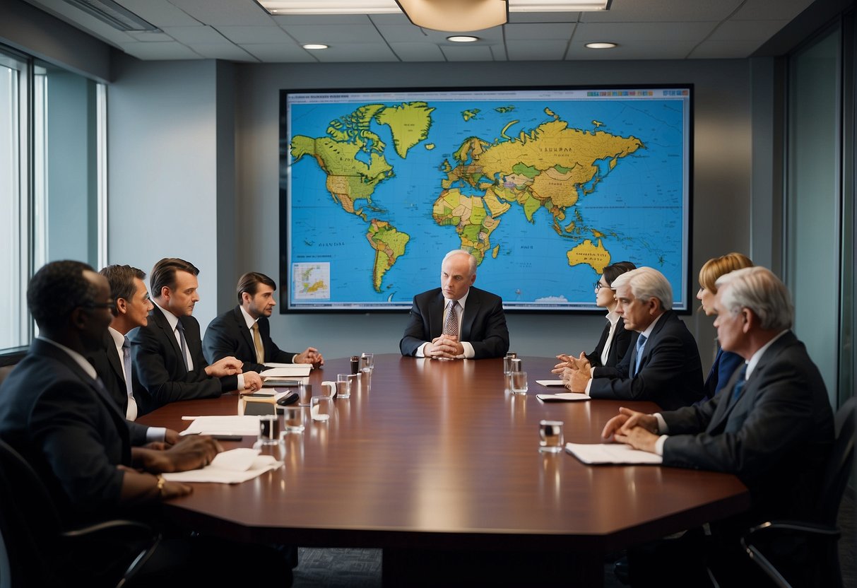 Government officials discussing in a boardroom, with maps and charts on the walls, and a globe on the table