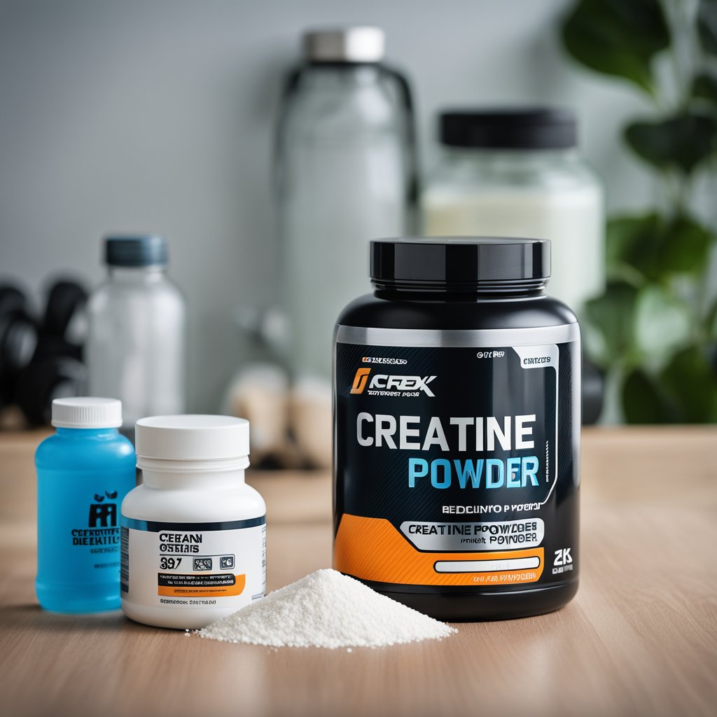 A jar of creatine powder sits next to a water bottle and a set of weights, ready for use before or after a workout