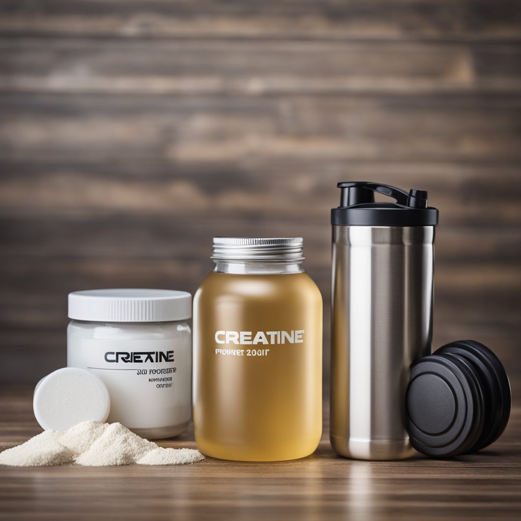 A jar of creatine powder sits next to a water bottle and a set of dumbbells, suggesting its use before or after a workout