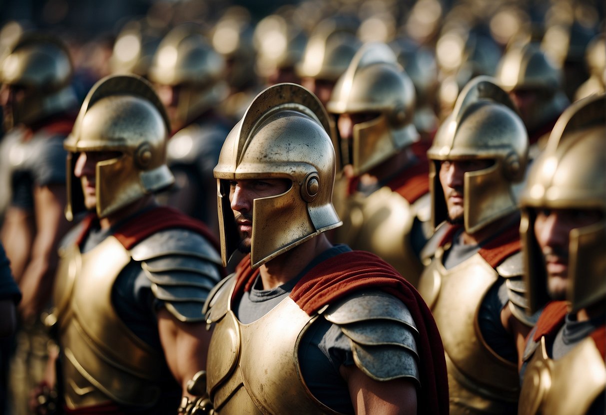 Spartan soldiers standing in formation, displaying military dominance