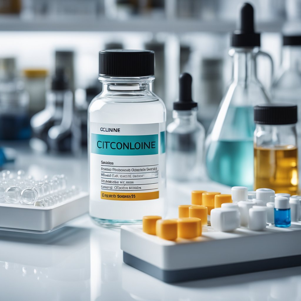 A bottle of citicoline sits on a clean, white laboratory bench, surrounded by scientific equipment and glassware. The label is clear and legible, with the chemical's name prominently displayed