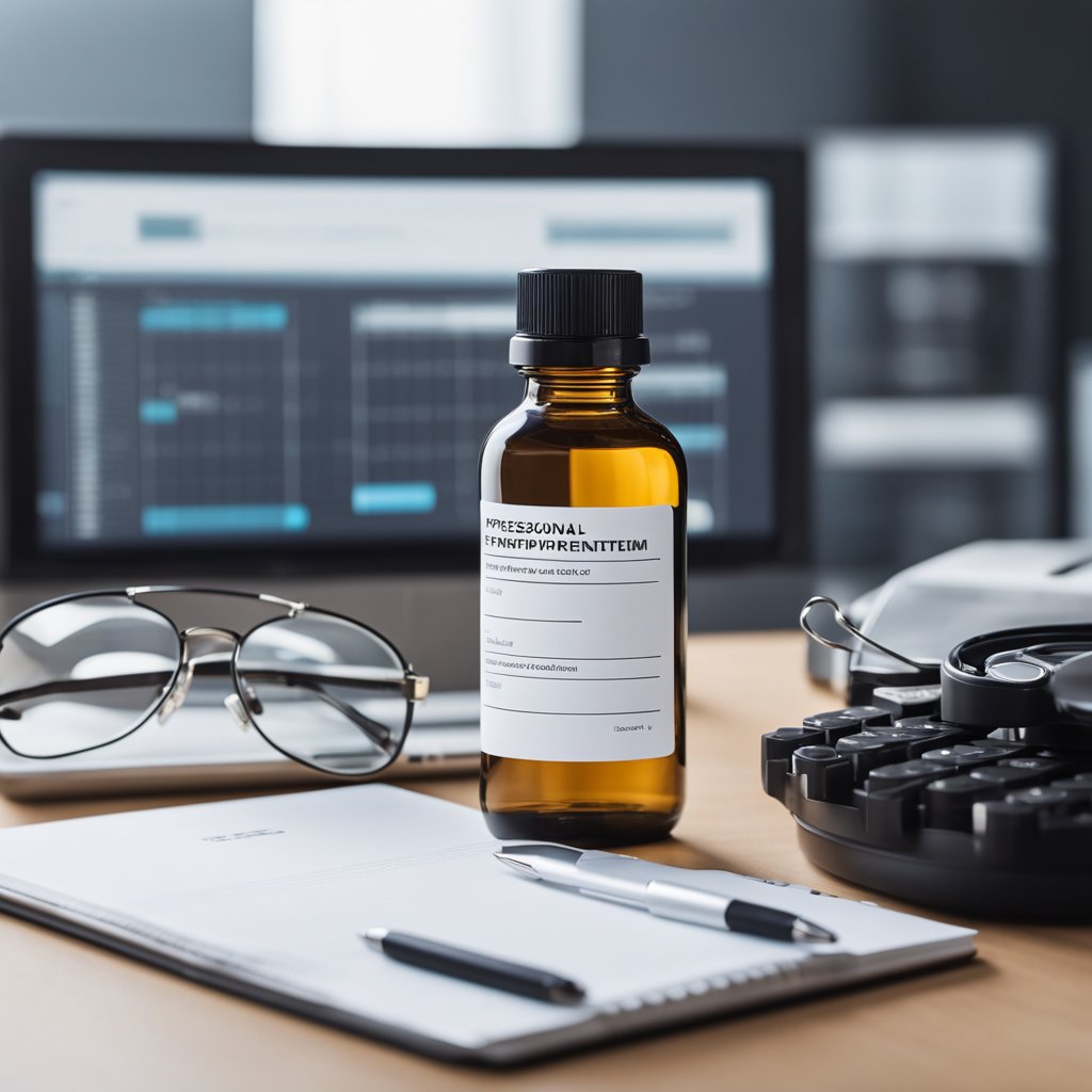 A bottle of phenylpiracetam sits on a sleek, modern desk, surrounded by scientific equipment and a notepad filled with data