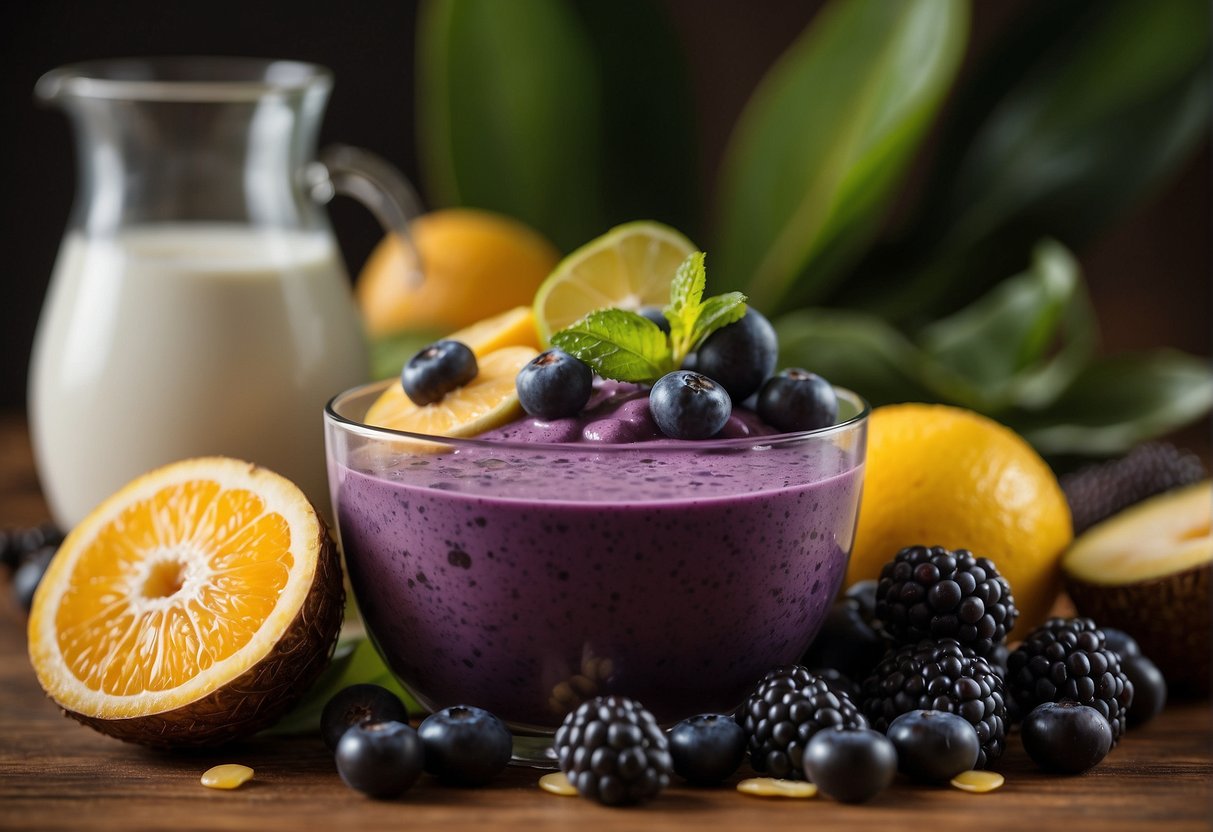 Acai berries, tropical fruits, and yogurt blend in a blender