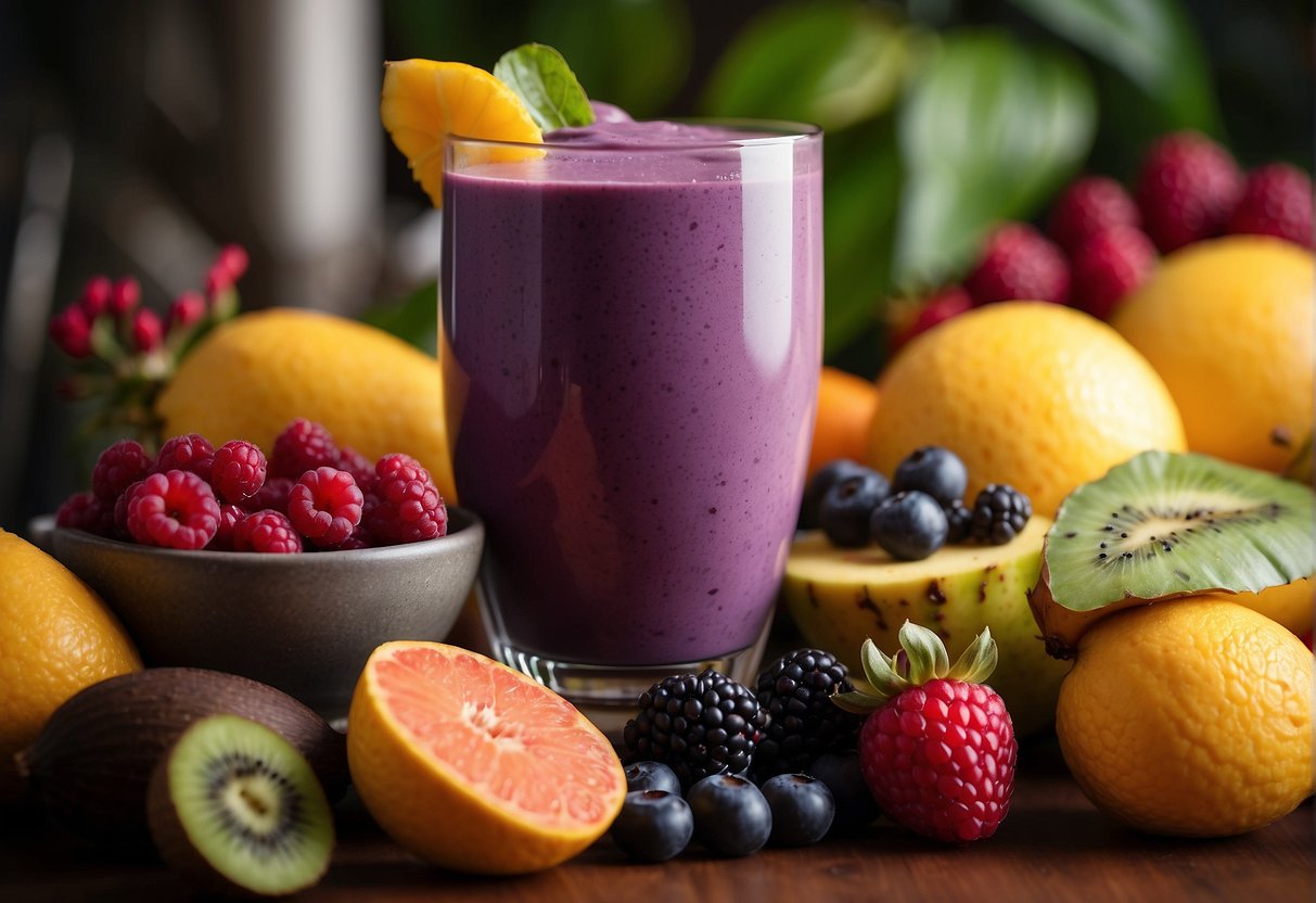 Acai berries blend into creamy smoothie, surrounded by tropical fruits and vibrant colors