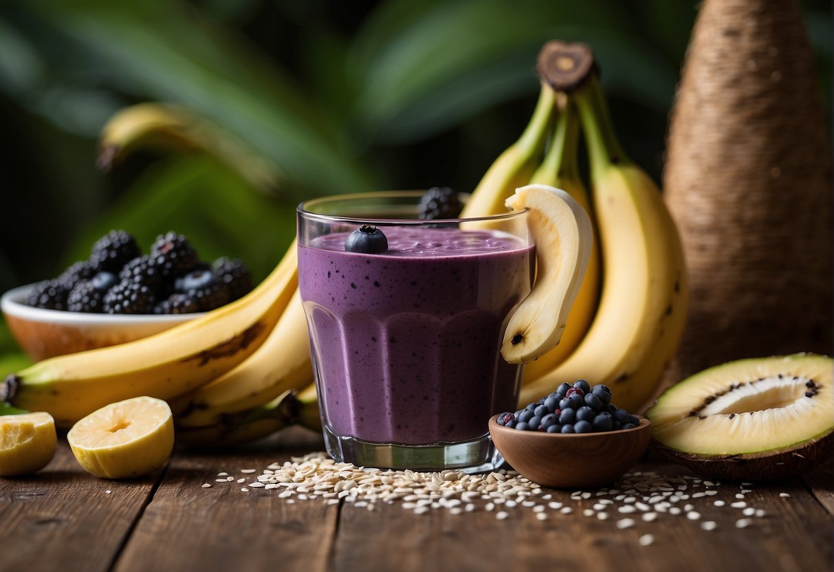 Acai berries, bananas, and coconut milk blend in a tropical smoothie. Additional nutritional boosters like chia seeds and spinach are added