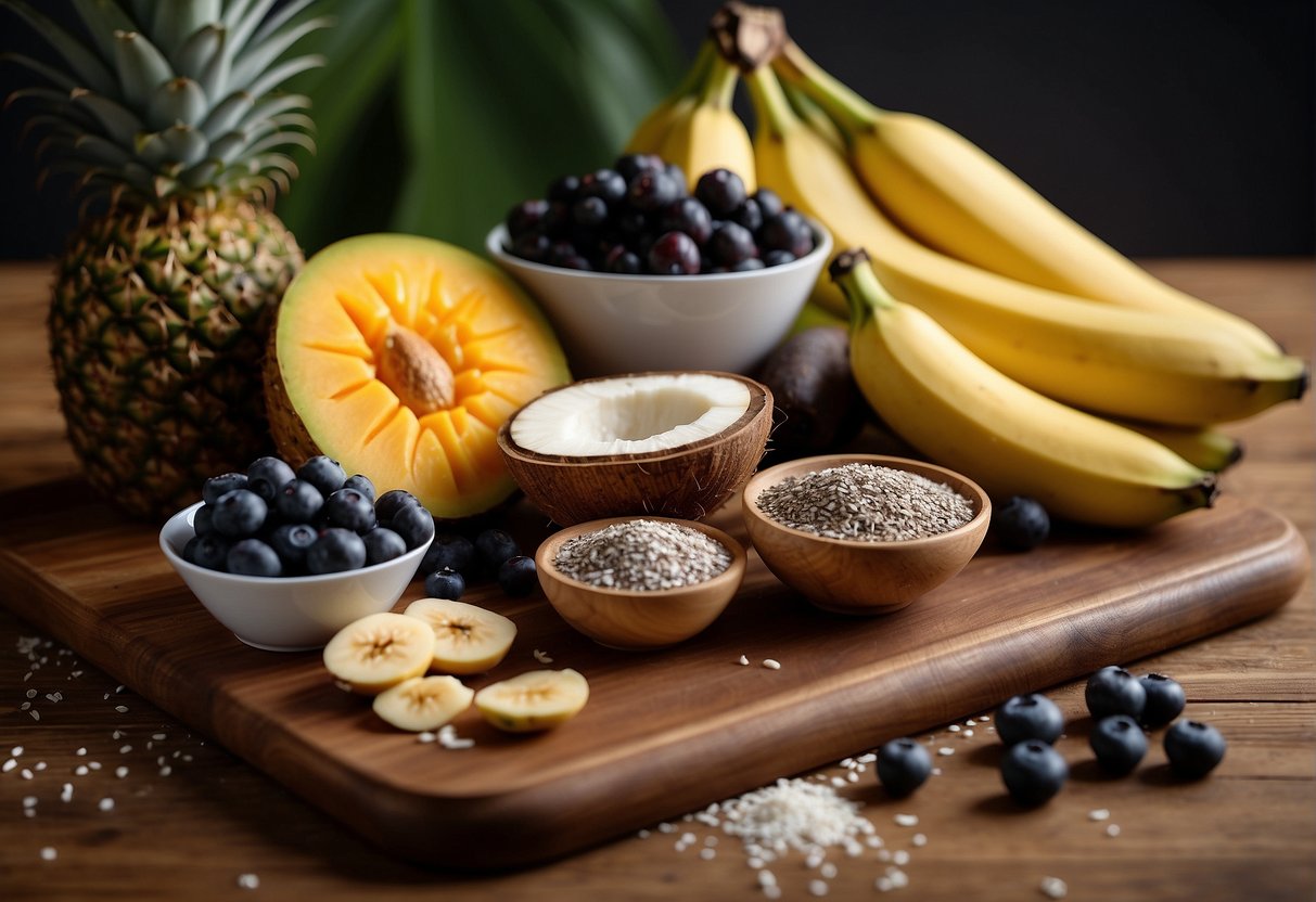 Acai berries, bananas, and mangoes arranged on a wooden cutting board with a blender and glass nearby. Coconut flakes and chia seeds scattered around