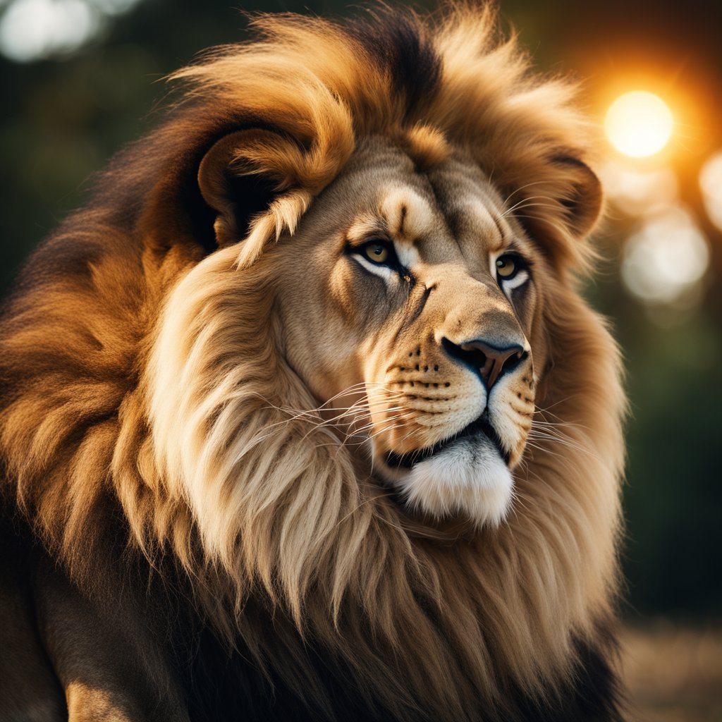 A lion's majestic mane billows in the wind, framing its powerful face with golden strands flowing like a mane of fire